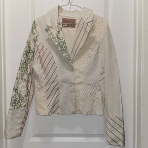 Vintage BKE Women's Cream and Green Embroidered Blazer